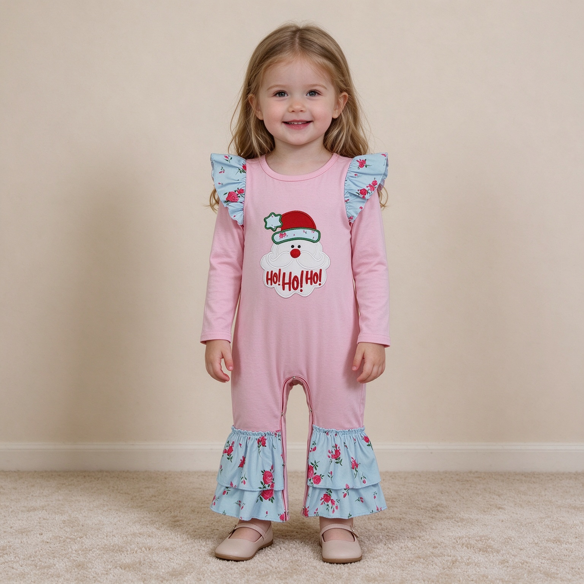 NEW RTS NO MOQ milk silk LR3215 Embroidery Flowers Santa Baby Girls Christmas Ruffle Pant Rompers