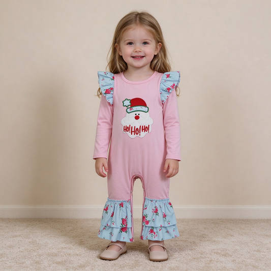 NEW RTS NO MOQ milk silk LR3215 Embroidery Flowers Santa Baby Girls Christmas Ruffle Pant Rompers