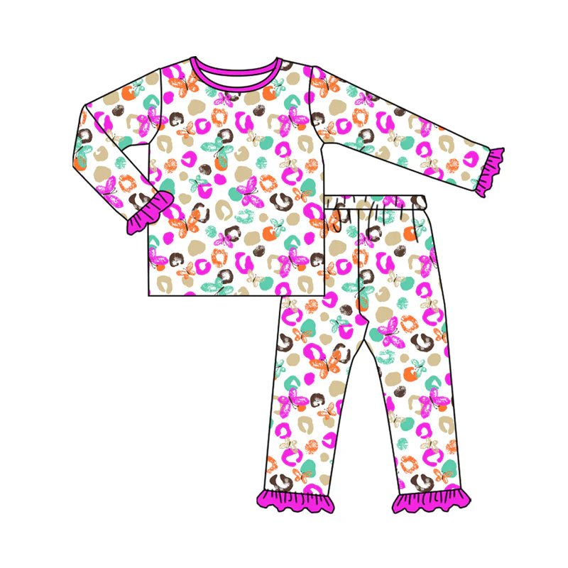 8.11Preorder(moq 5) Baby Girls Purple Leopard Butterfly Top Pants Lounge Wear Pajamas Sets