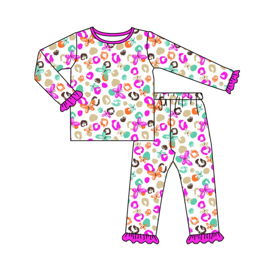 8.11Preorder(moq 5) Baby Girls Purple Leopard Butterfly Top Pants Lounge Wear Pajamas Sets