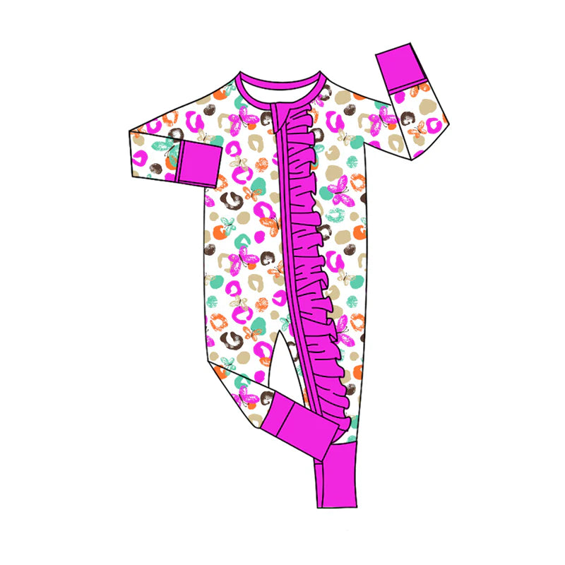 8.12Preorder(moq 5)Baby Girls Purple Leopard Butterfly Zipper Footie Rompers
