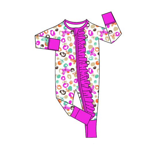 8.12Preorder(moq 5)Baby Girls Purple Leopard Butterfly Zipper Footie Rompers