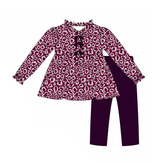 8.11Preorder(moq 5) Baby Girls Wine Leopard Butterfly Tunic Top Legging Boutique Outfits Sets