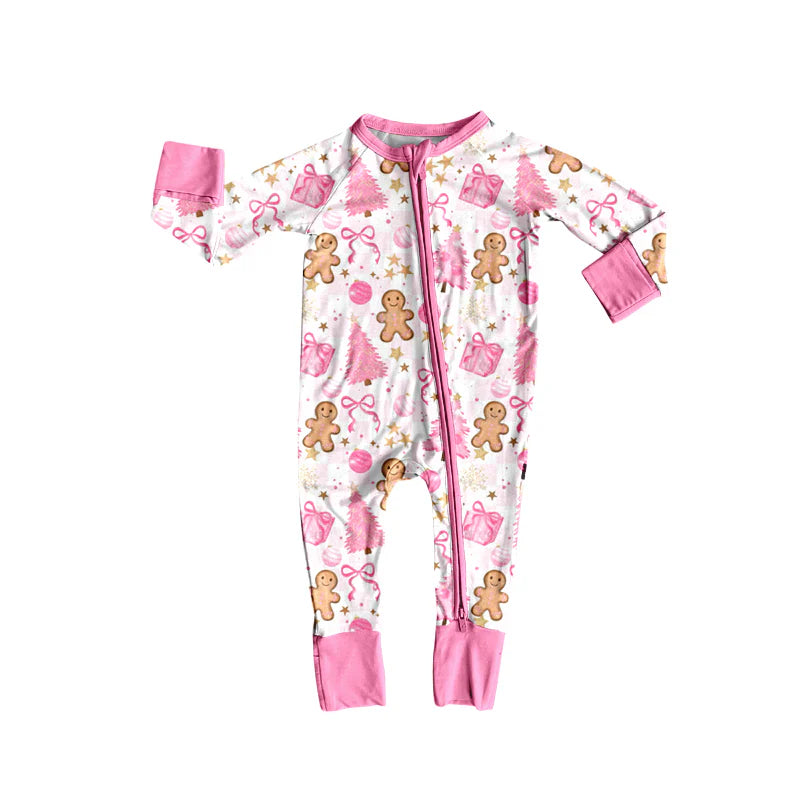 8.13Preorder(moq 5)Baby Girls Christmas Trees Pink Gifts Gingerbread Ruffle Zipper Footie Rompers