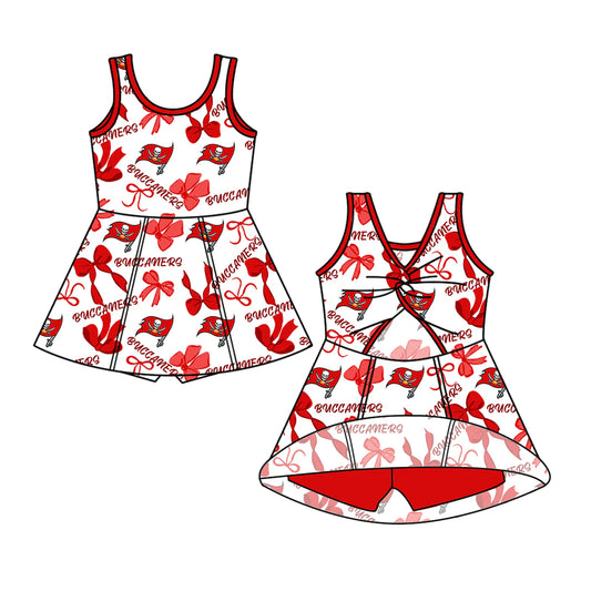 7.1Preorder (moq 5)Baby Girls Red Sleeveless Bows Plaid Buccaners Shorts Team Knee Length Dresses