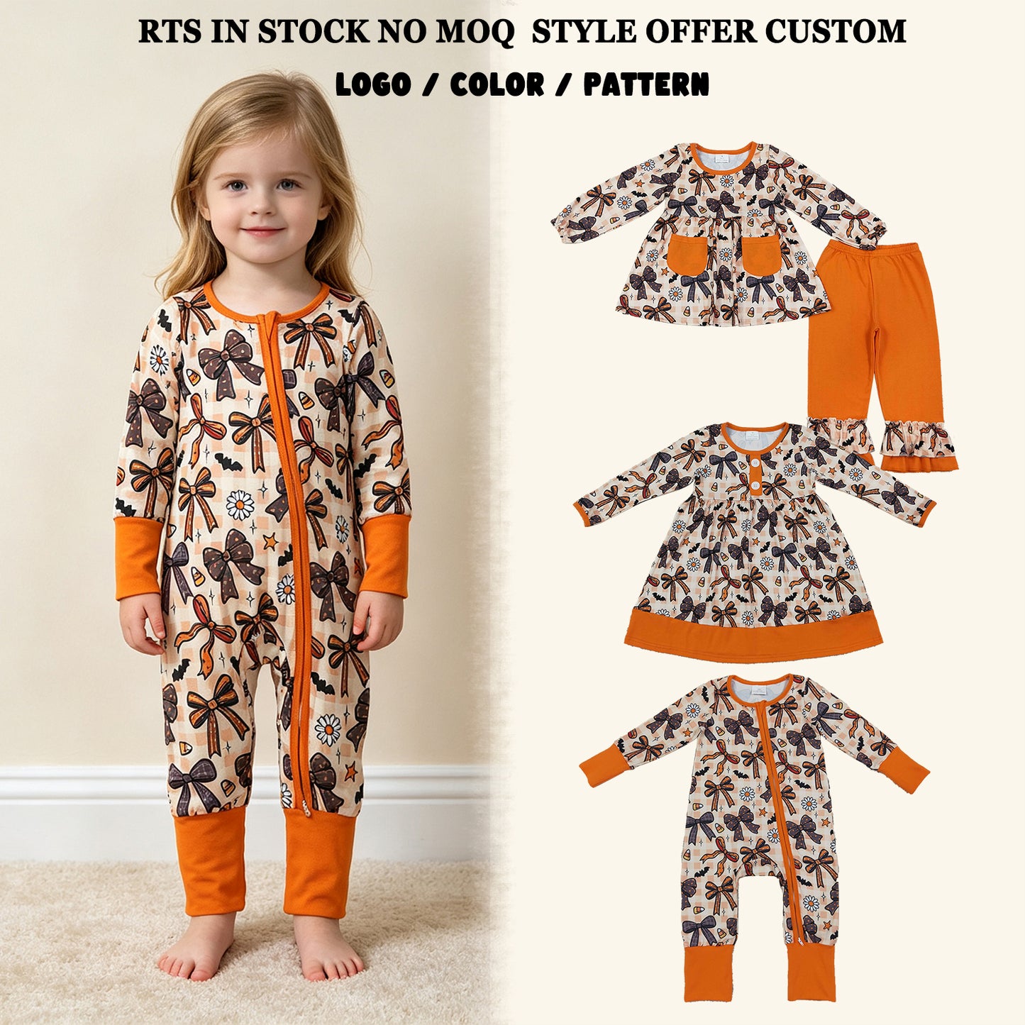 RTS NO MOQ Sibling milk silk Baby Girls Bats Flowers Pockets Tunic Ruffle Pant Halloweens Clothes Sets Rompers Dress