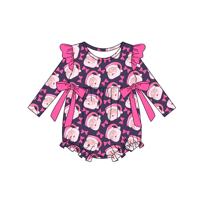 8.8Preorder(moq 5)Baby Girls Pink Santa Bows Plaid Christmas Ruffle Rompers