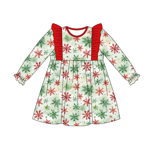 7.21Preorder (moq 5)Baby Girls Long Ruffle Sleeves Green Red Snowflake Plaid Knee Length Dress