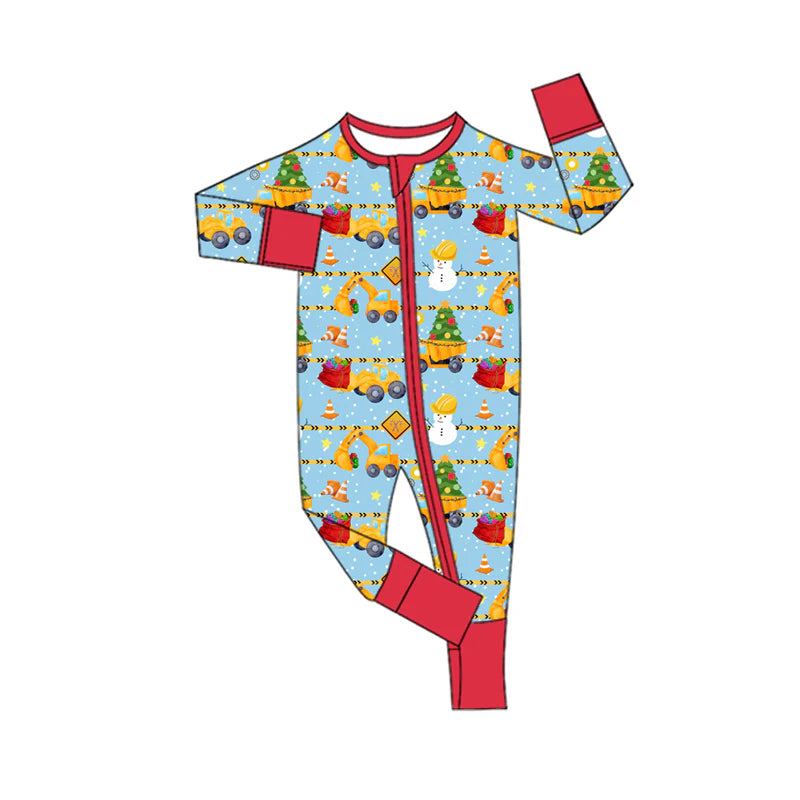 8.7Preorder(moq 5)Baby Infant Boys Long Sleeves Christmas Trees Excavators Zipper Rompers
