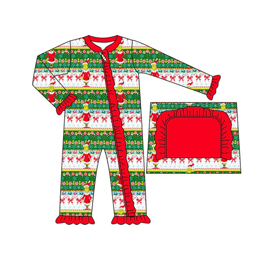 8.1Preorder(moq 5)Baby Girls Long Sleeves Bows Green Faces Stripe Ruffle Zipper Rompers