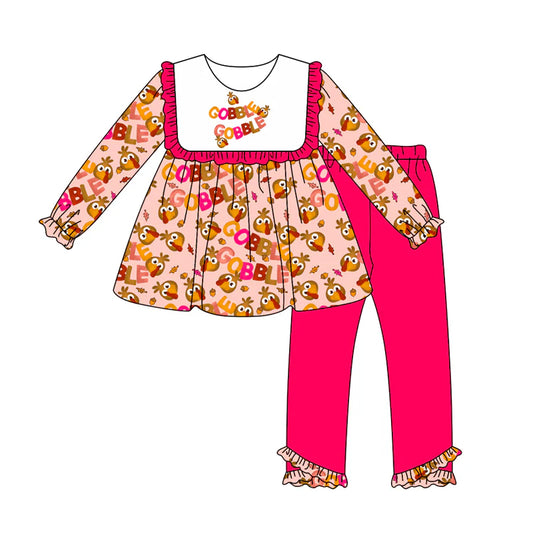 7.12Preorder (moq 5)Baby Girls Pink Long Ruffle Sleeves Turkey Plaid Tunic Legging Pant Set