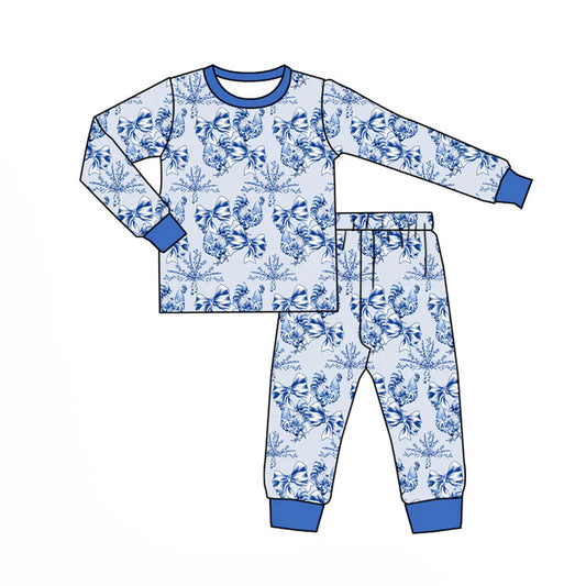 X920Preorder (moq 5)Baby Girls Blue Bows Flowers Chicks Top Pants Pajamas Set