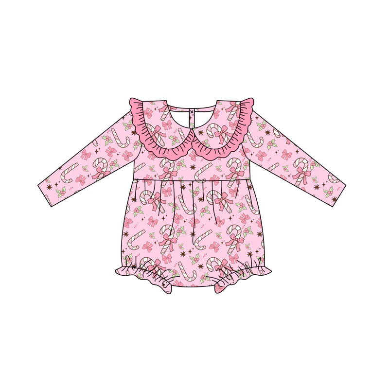 7.14Preorder (moq 5)Baby Girls Long Sleeves Pink Bows Candy Cane Holly Plaid Ruffle Romper
