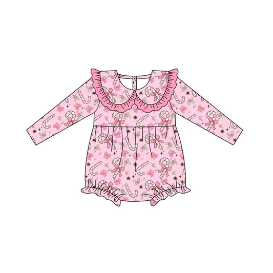 7.14Preorder (moq 5)Baby Girls Long Sleeves Pink Bows Candy Cane Holly Plaid Ruffle Romper