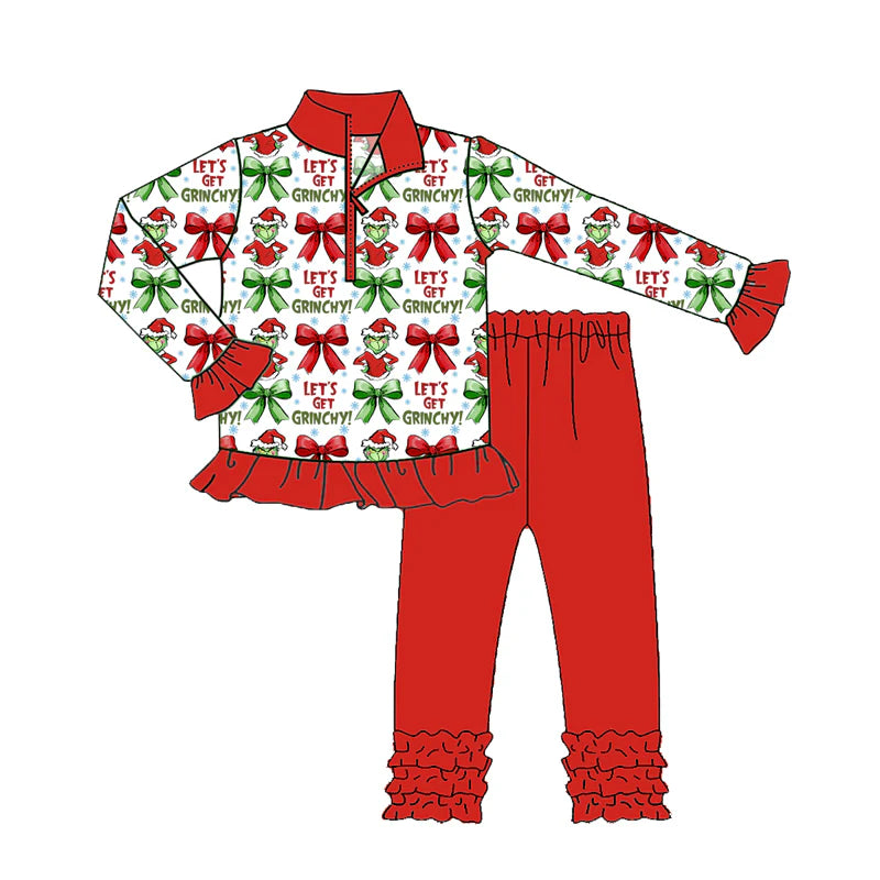 8.11Preorder(moq 5) Baby Girls Christmas Let's Go Frog Zip Pullover Top Legging Boutique Outfits Sets