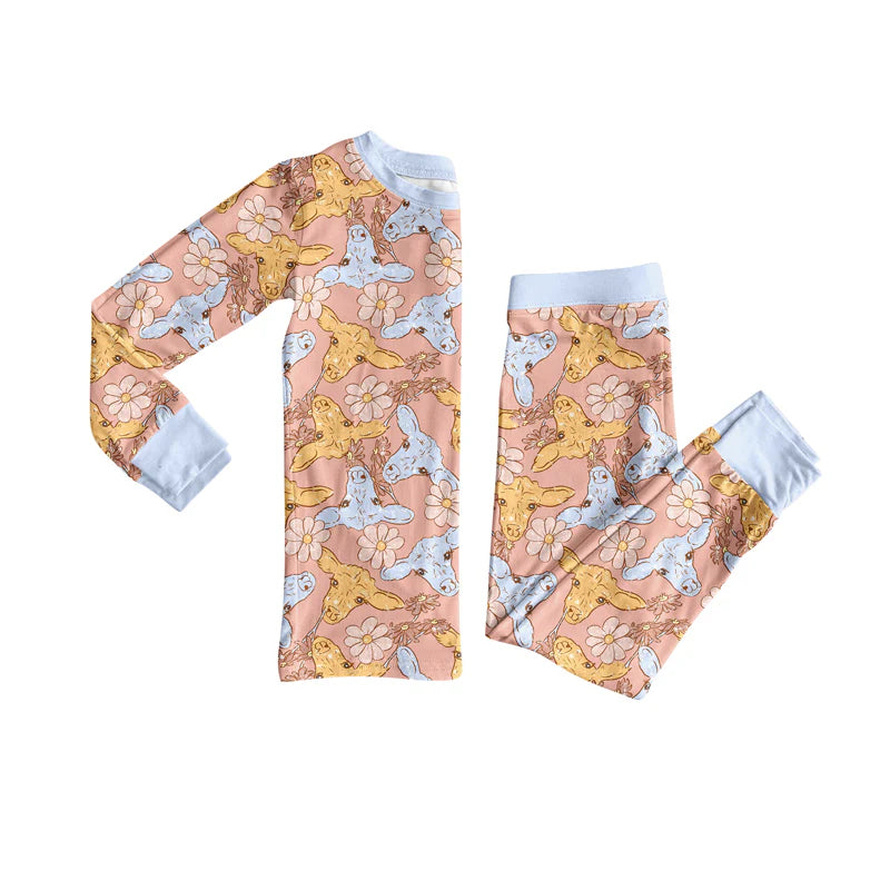 7.9Preorder (moq 5)Baby Girls Long Sleeves Flowers Cows Top Pant Pajamas Clothes Set