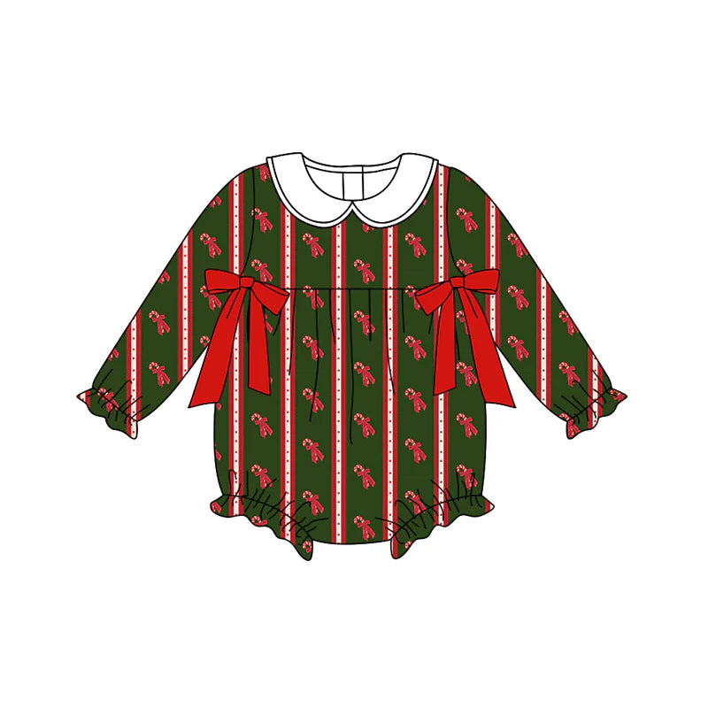 8.6Preorder(moq 5)Baby Infant Girls Bows Candy Cane Stripes Ruffle Christmas Rompers