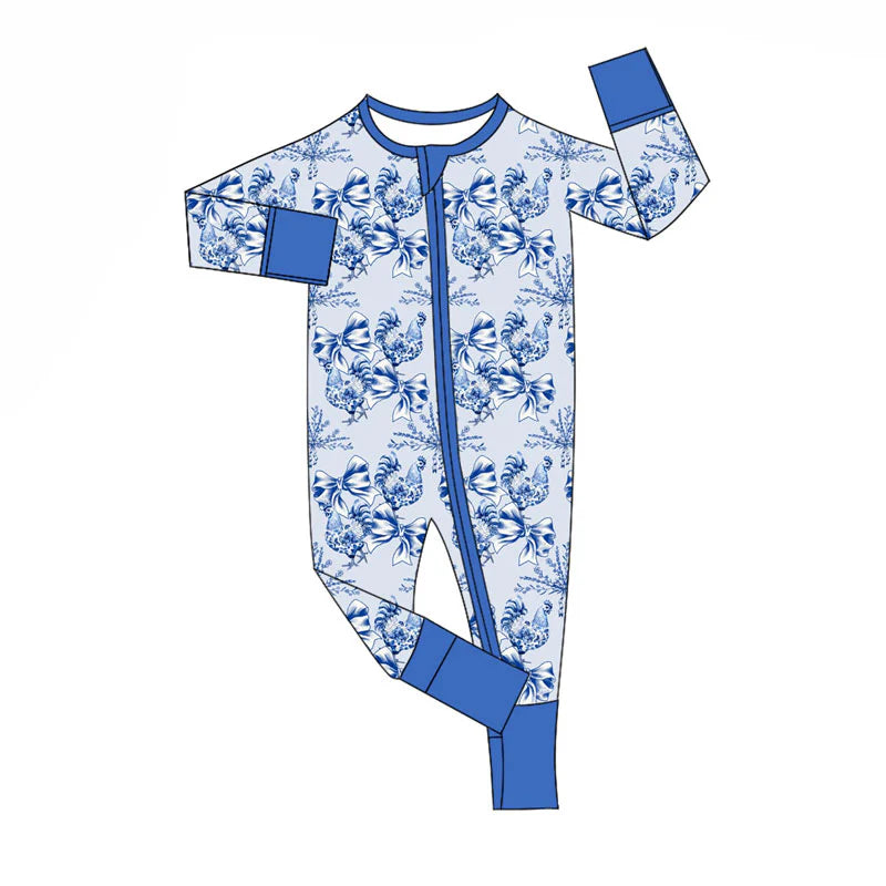 X920Preorder (moq 5)Baby Girls Blue Bows Flowers Chicks Zipper Footie Rompers