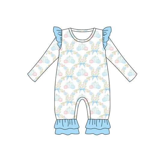 7.14Preorder (moq 5)Baby Girls Long Sleeves Blue Bows Pumpkins Plaid Ruffle Pant Romper