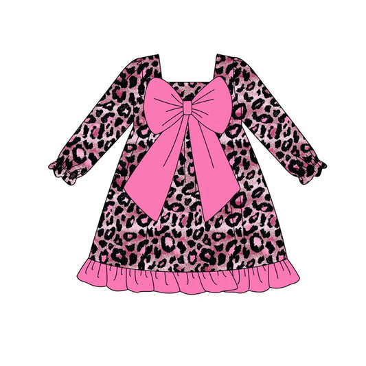 X920 Preorder (moq 5)Baby Girls Pink Black Leopard Bows Ruffle Knee Length Dresses