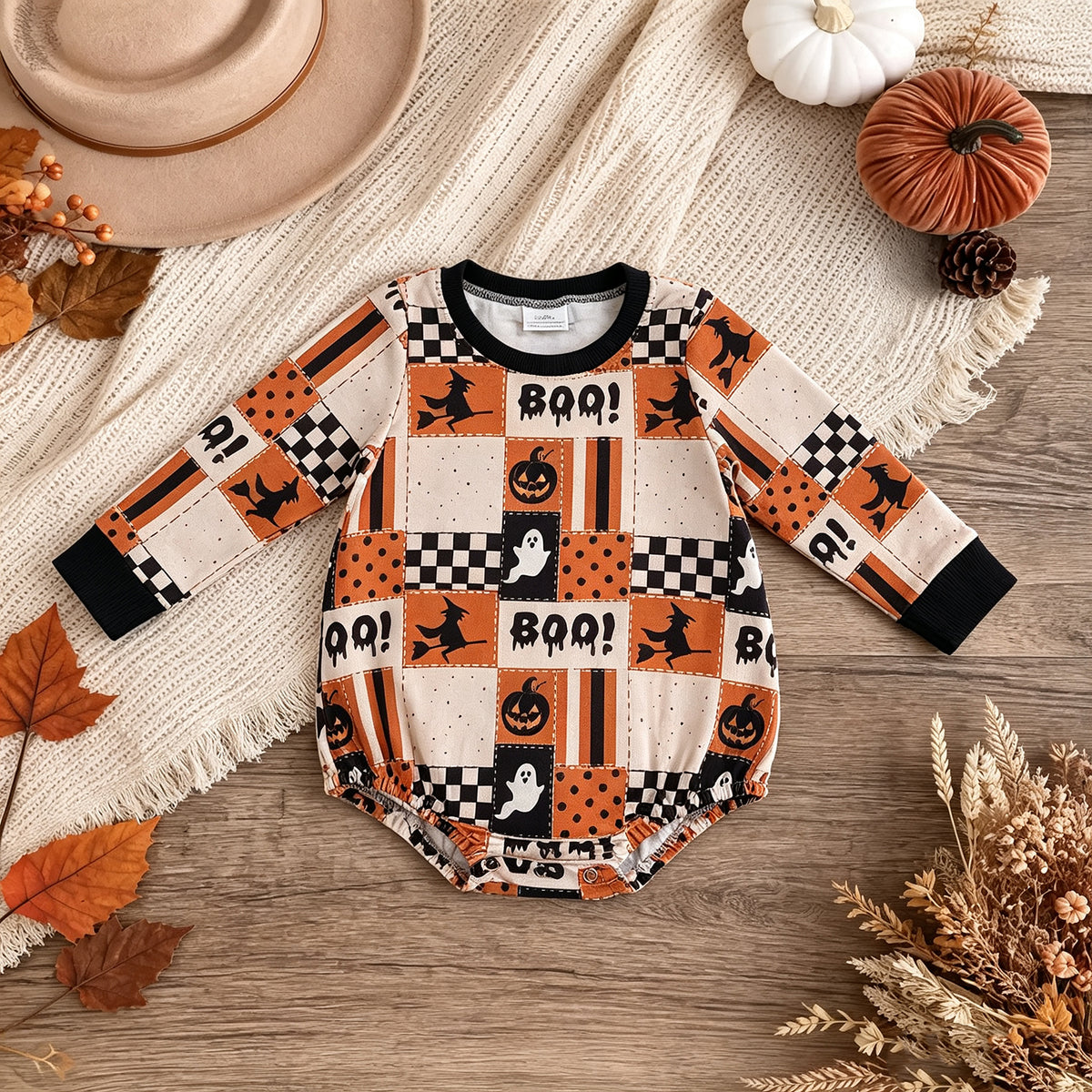 NEW RTS NO MOQ milk silk LR3239 Baby Boys Long Sleeve BOO Ghost Pumpkins Halloween Romper