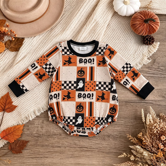 NEW RTS NO MOQ milk silk LR3239 Baby Boys Long Sleeve BOO Ghost Pumpkins Halloween Romper