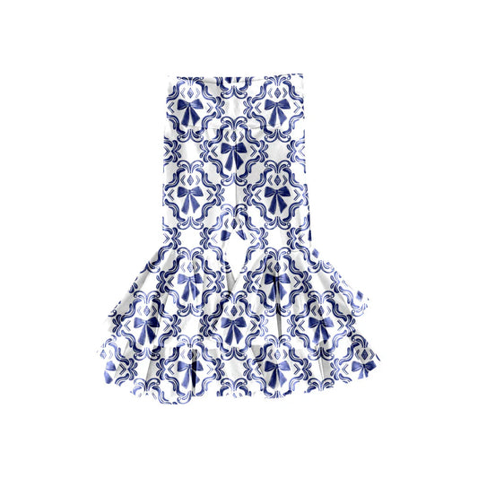 X11.19Preorder(moq 5) Baby Girls Navy Bows Checked Ruffle Bell Bottom Pants