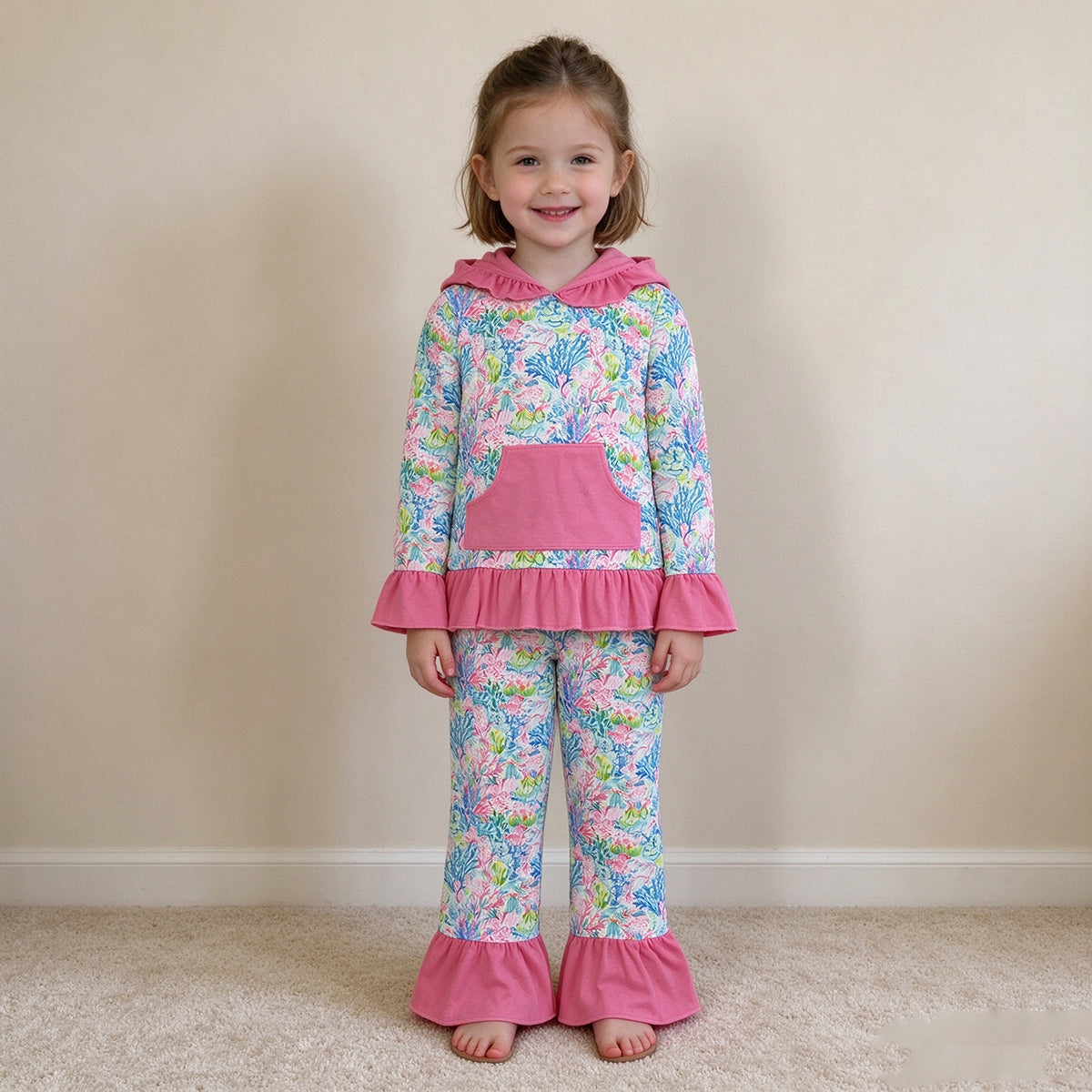 NEW RTS NO MOQ milk silk GLP3518 Baby Girls Watercolor Sea Plants Pocket Ruffle Hoodie Pants Clothes Sets