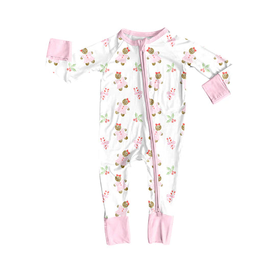 8.6Preorder(moq 5)Baby Infant Girls Long Sleeves Candy Cane Gingerbread Christmas Zipper Rompers