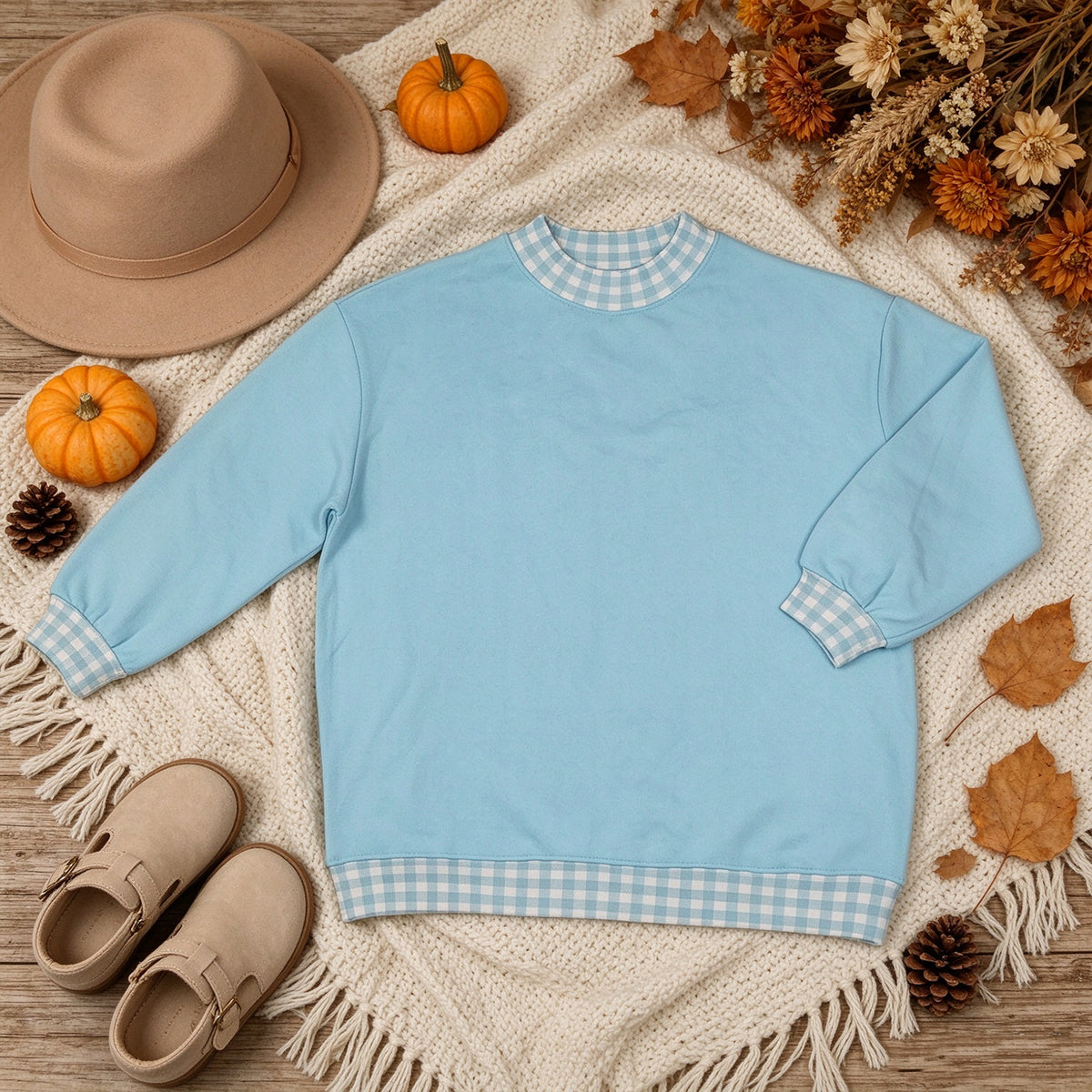 NEW RTS NO MOQ milk silk GT1795 Adult Women Blue Long Sleeve Sweater Gingham T-shirts Top