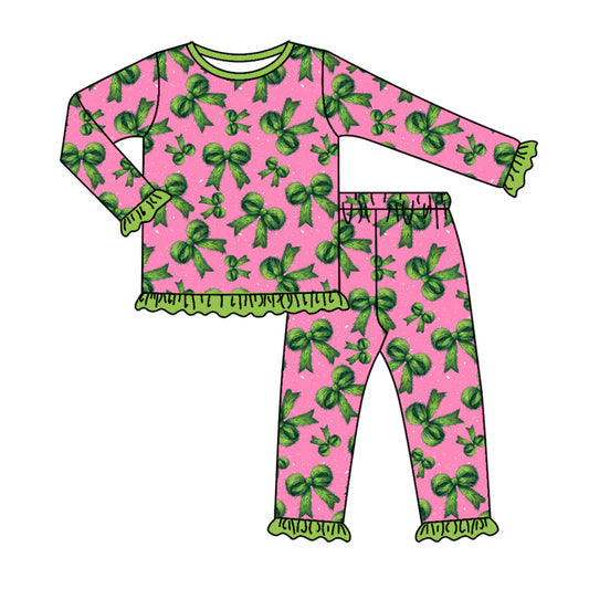 7.31Preorder(moq 5) Baby Girls Long Ruffle Sleeves Green Bows Plaid Top Pants Pajamas Set