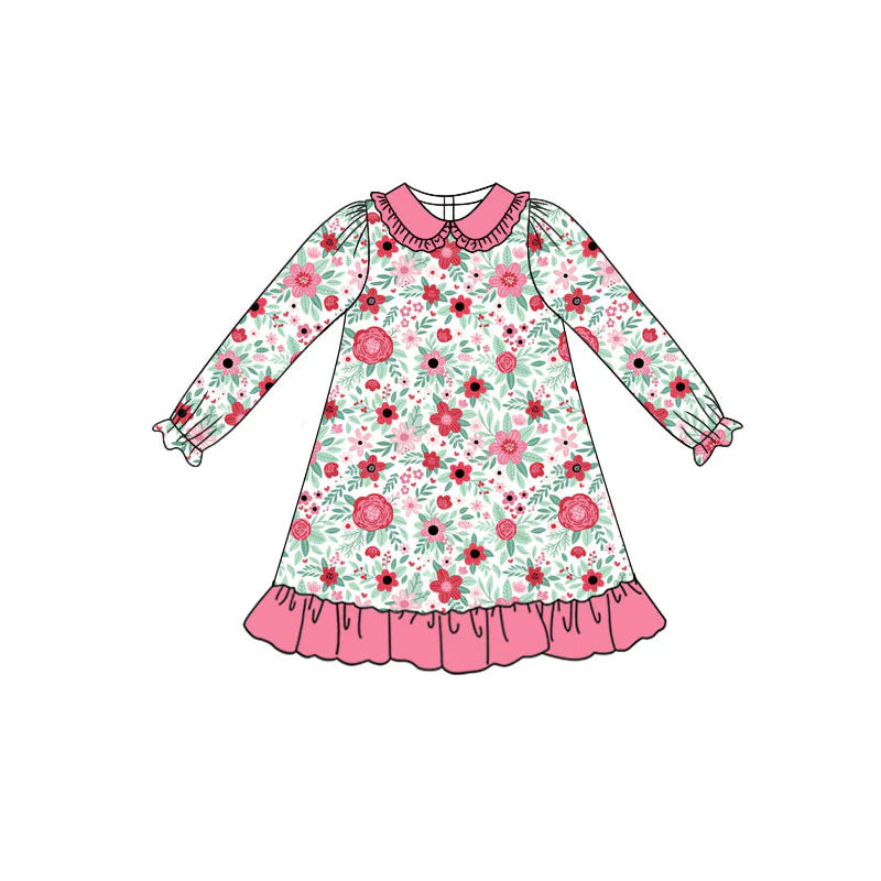 X922Preorder (moq 5)Baby Girls Long Sleeve Pink Flowers Ruffle Knee Length Dresses
