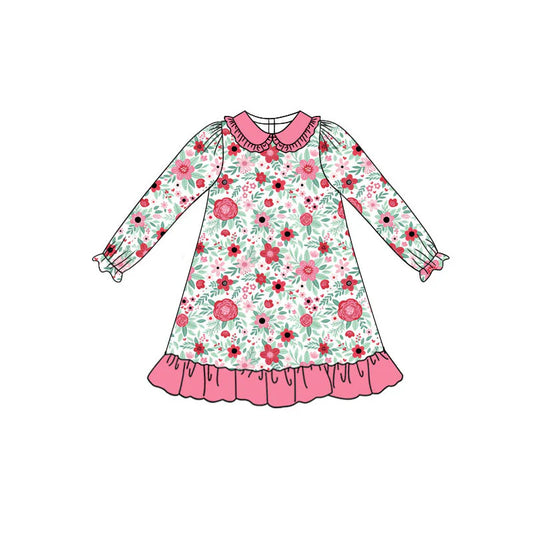 X922Preorder (moq 5)Baby Girls Long Sleeve Pink Flowers Ruffle Knee Length Dresses