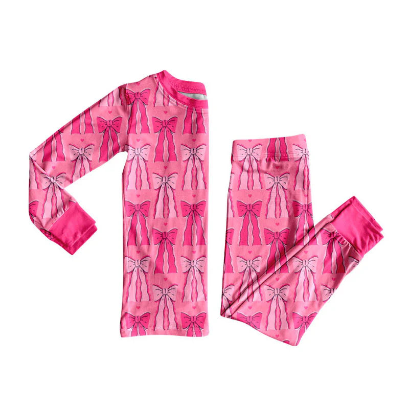 X908Preorder (moq 5)Baby Girls Hot Pink Bows Top Pants Valentine Pajamas Sets