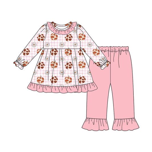 8.2Preorder (moq 5)Baby Girls Pink Camo Pumpkins Daisy Plaid Tunic Ruffle Pant Fall Set