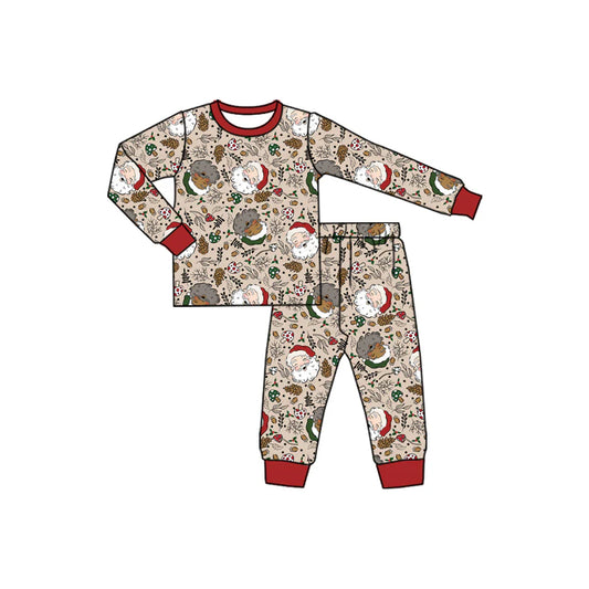 7.12Preorder (moq 5)Baby Boys Long Sleeves Santa Holly Plaid Top Pant Pajamas Set