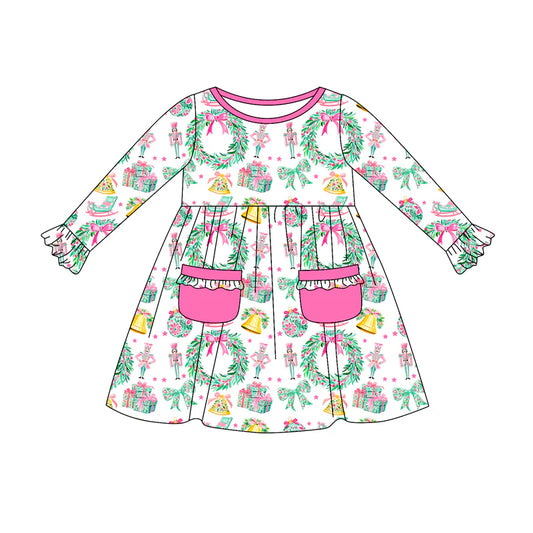 7.11Preorder (moq 5)Baby Girls Long Ruffle Sleeves Soldiers Holly Pockets Knee Length Dress
