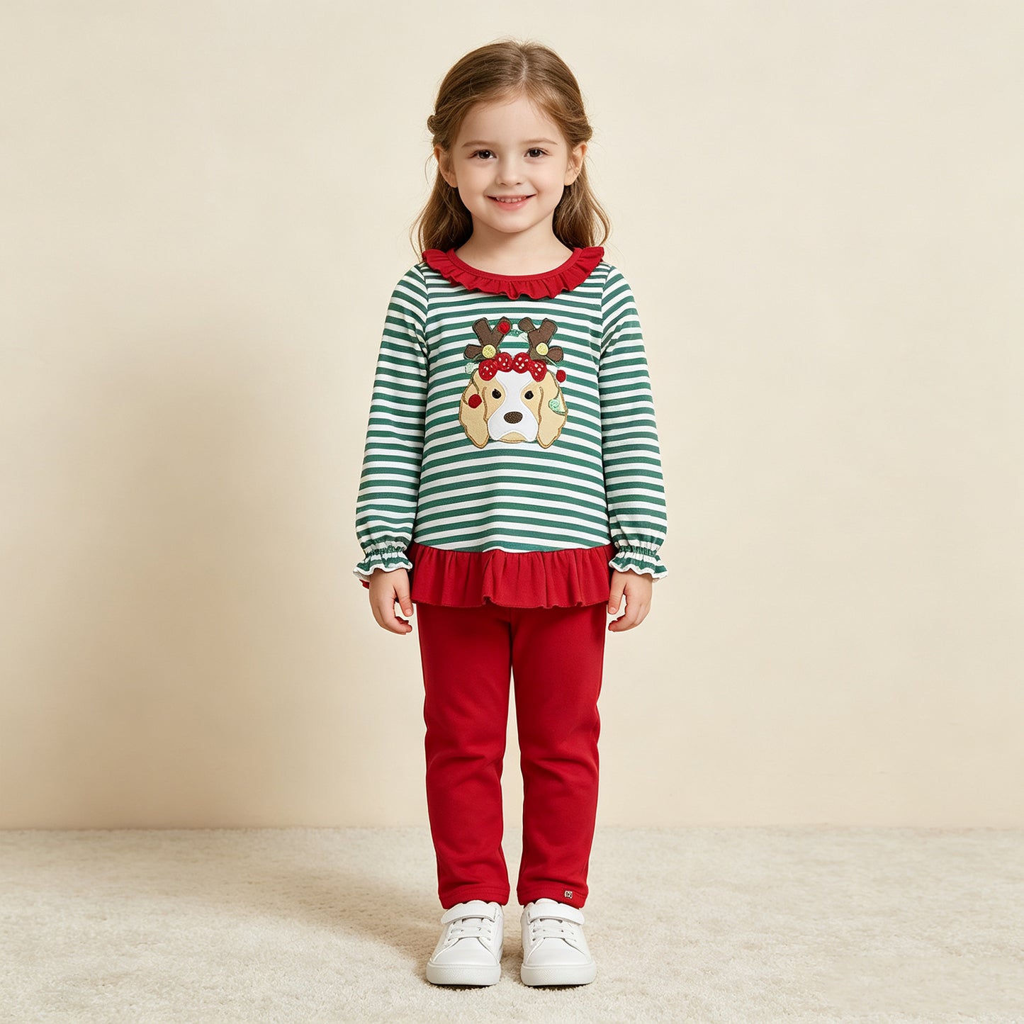 RTS NO MOQ milk silk GLP3494 Embroidery Lights Dog Baby Girls Green Stripe Tunic Leggings Christmas Clothes Sets