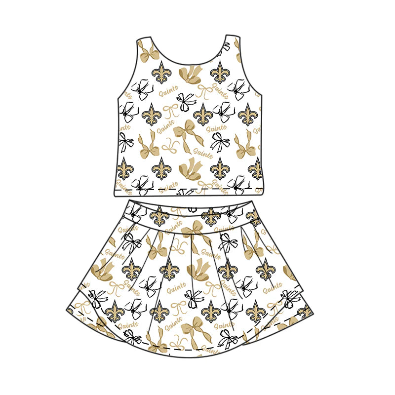 6.30Preorder (moq 5)Baby Girls Sleeveless Yellow Bows Plaid Saints Top Skorts Team Set