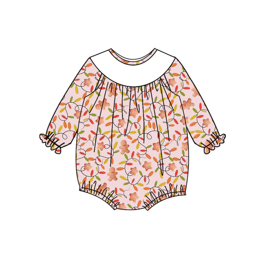7.14Preorder (moq 5)Baby Girls Long Sleeves Pink Lights Gingerbread Plaid Ruffle Romper