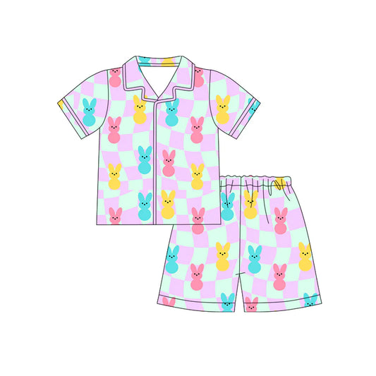 X12.18 Preorder (moq 5)Baby Girls Colorful Rabbits Checked Button Top Shorts Easter Pajamas Sets