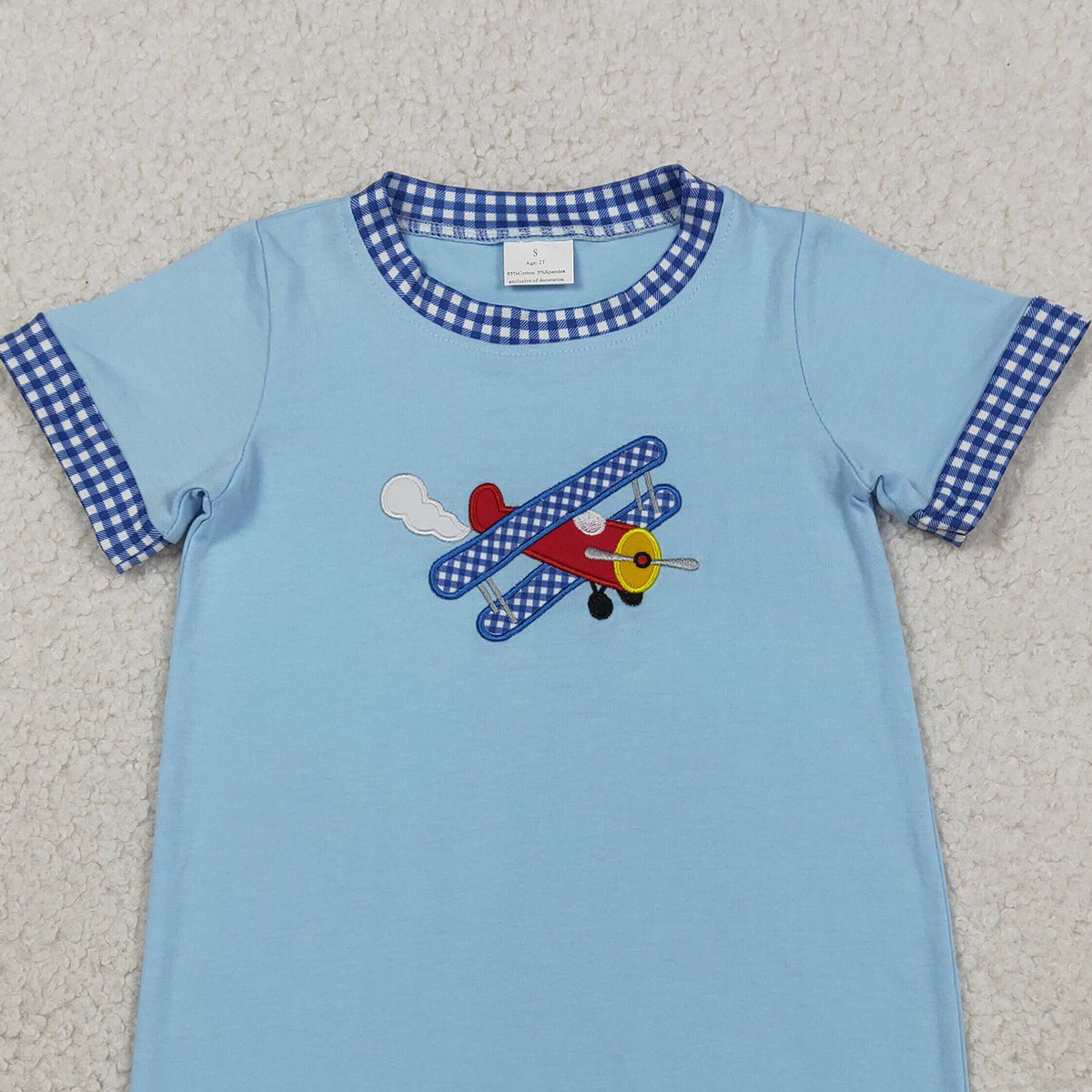 3.30 SR3543 Embroidery Planes Baby Boys Blue Short Sleeve Rompers