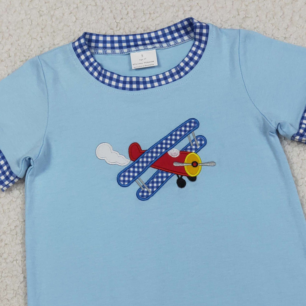 3.30 SR3543 Embroidery Planes Baby Boys Blue Short Sleeve Rompers