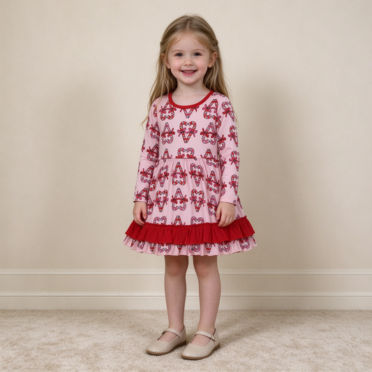 NEW RTS NO MOQ milk silk GLD1695 Baby Girls Bows Candy Cane Christmas Ruffle Knee Length Dress