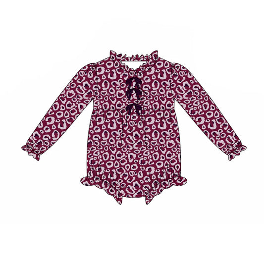 8.12Preorder(moq 5)Baby Girls Maroon Leopard Bows Bows Rompers