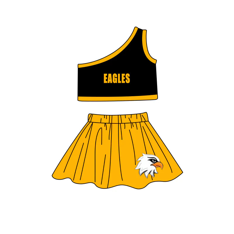 7.3preorder(MOQ 5) Baby Girls One Shoulder Eagles Cheer Team Top Skirt Clothes Sets