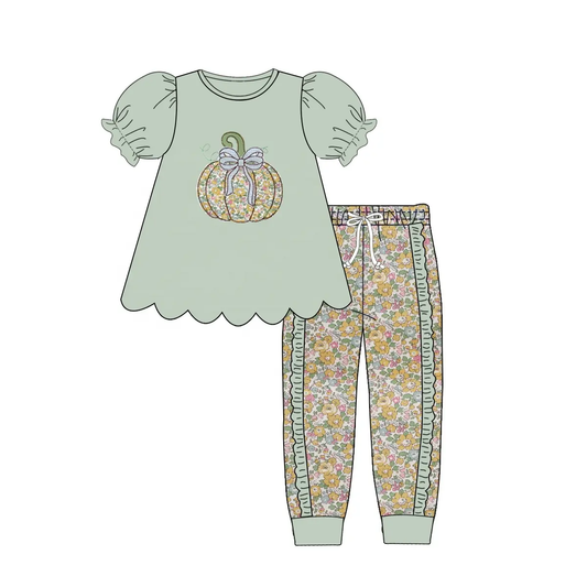 6.17 Girls Pumpkin Green Lace Short Sleeve Pants Set