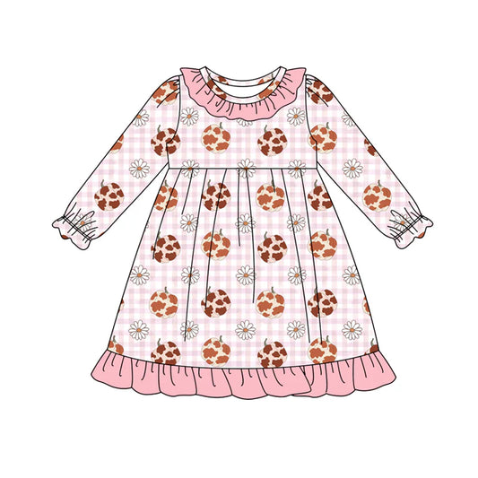 8.2Preorder (moq 5)Baby Girls Pink Camo Pumpkins Daisy Plaid Fall Ruffle Knee Length Dresses