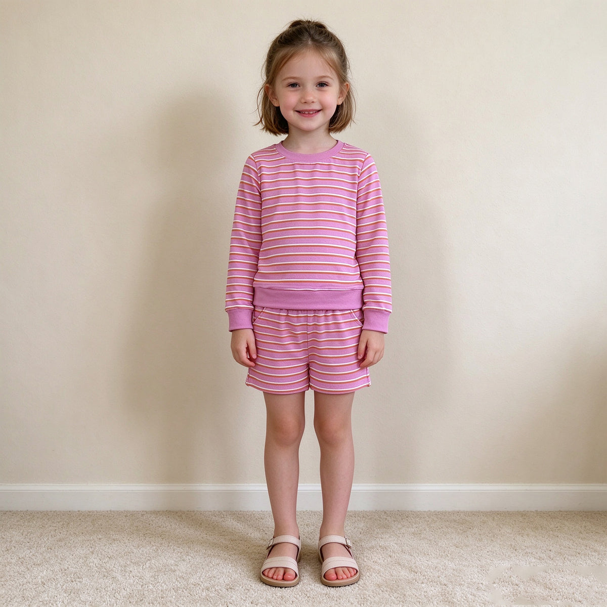 RTS NO MOQ yoga fabric GLS0126 Baby Girls Pink Stripe Long Sleeve Top Pockets Short Yoga Active Clothes Set
