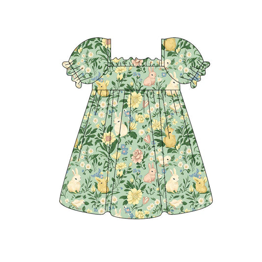 X922 Preorder (moq 5)Baby Girls Green Ruffle Sleeve Rabbits Flowers Easter Knee Length Dress